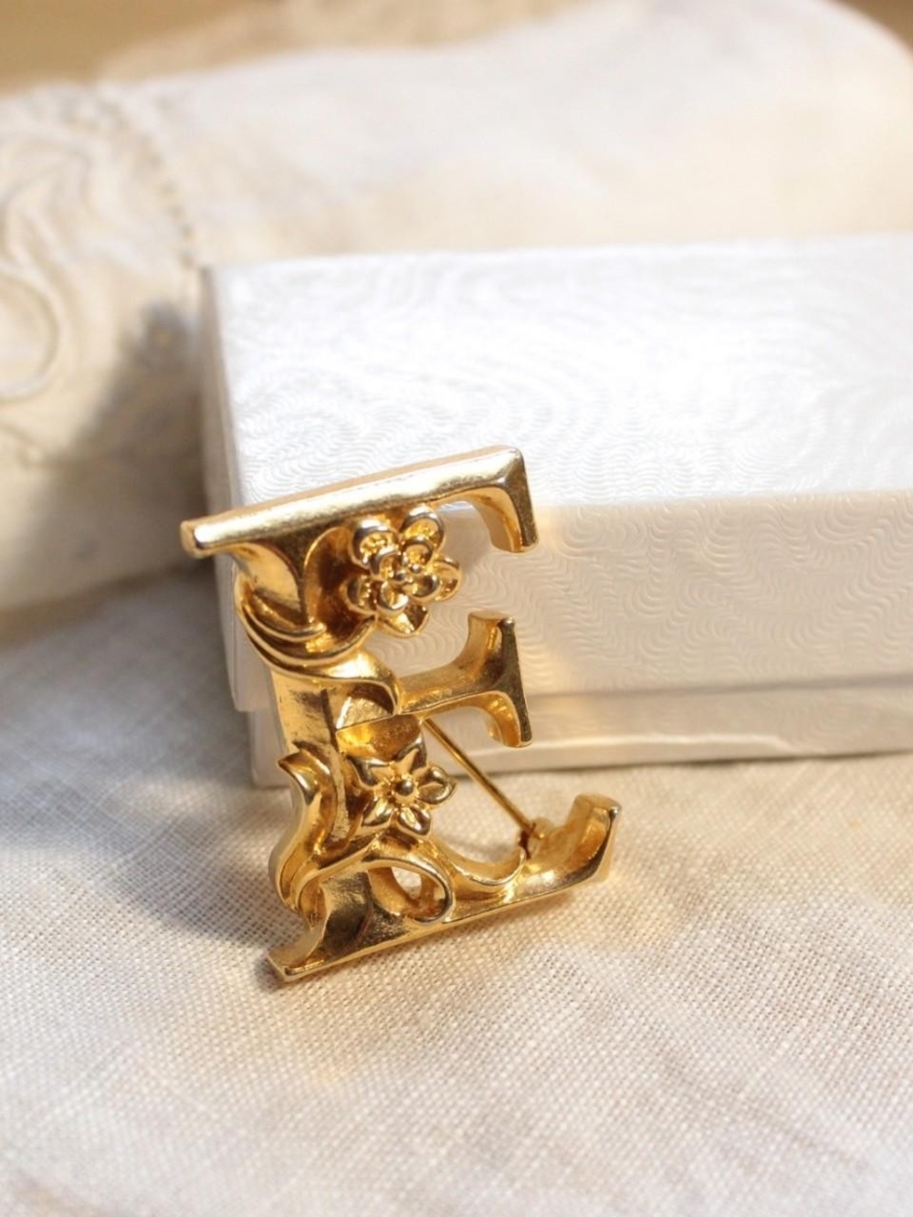 Vintage Avon Gold-Tone Monogram Letter E Floral Brooch Pin